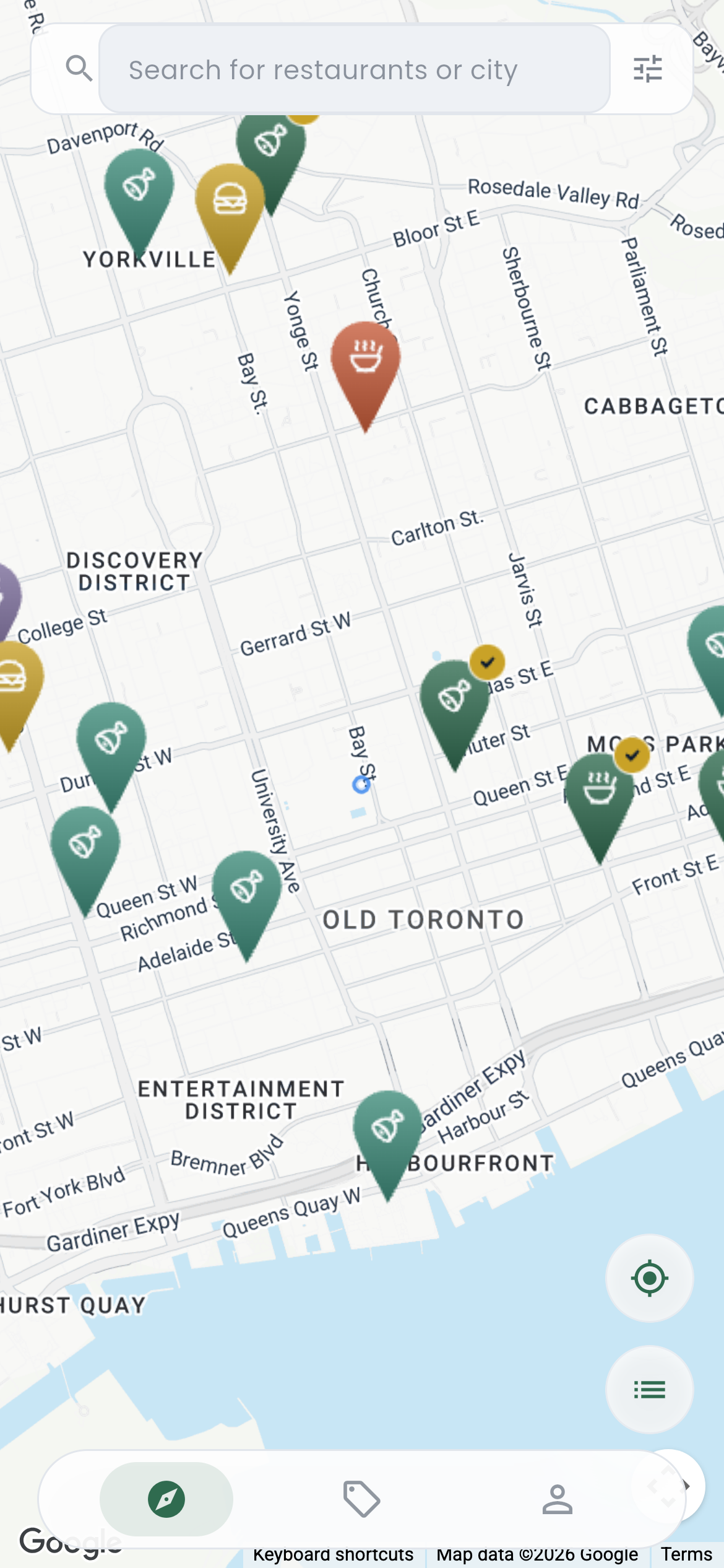 The HalalMapp app showing halal restaurants across downtown Toronto on the map