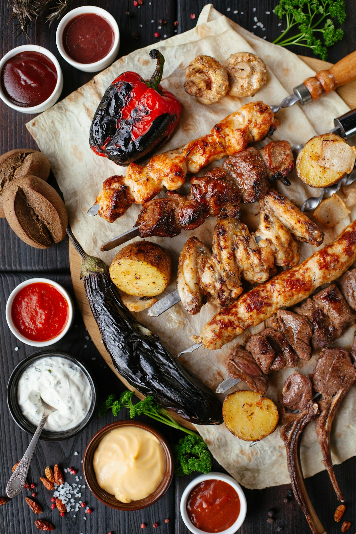 Grilled meat and sides at a restaurant